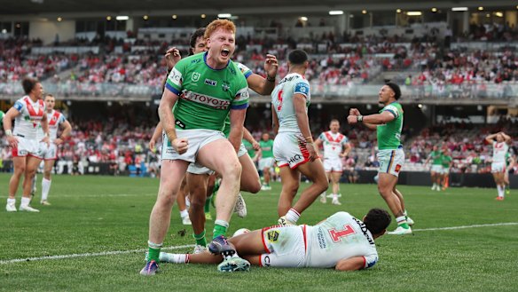 Corey Horsburgh celebrates his dazzling try against the Dragons in September.