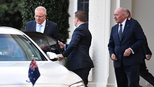 Prime Minister Scott Morrison leaves Government House on Thursday morning. 