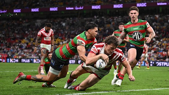 Jack Bostock crosses for a try against the Rabbitohs.