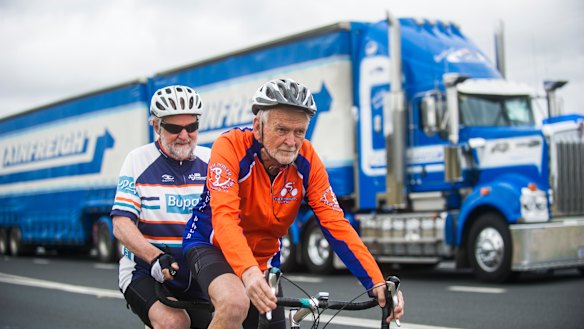 Fitability tandem cyclists Peter Granleese and Glenn Cocking on the Barton Highway.