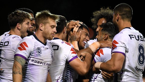 Popular scorer: The Storm mob Seve after crossing with his first touch of the ball.