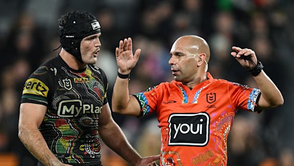 Nathan Cleary remonstrates with referee Ashley Klein after the decision to award Melbourne a penalty.