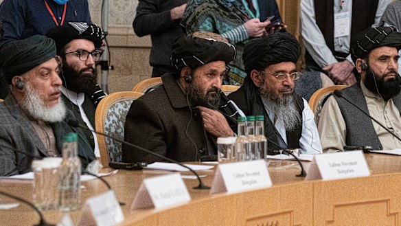 Taliban co-founder Mullah Abdul Ghani Baradar, center, with other members of the Taliban delegation attend an international peace conference in Moscow, Russia in March.