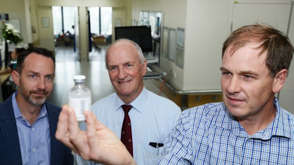 Professor Geoffrey Playford (right) with Dr Peter Reid (centre) and Professor Trent Munro (left) says the new human Hendra treatment has passed clinical trials with flying colours.
