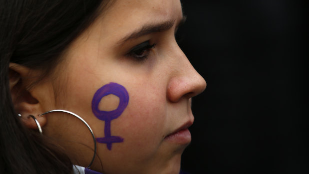 A woman takes part during a protest against sexism and gender violence in Madrid, Spain, last year.