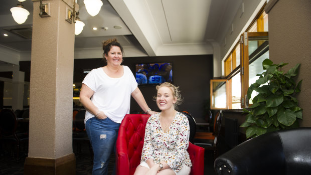 Interior design students Mel Riley and Bianca Lewis in a newly-renovated function room at Hotel Queanbeyan.