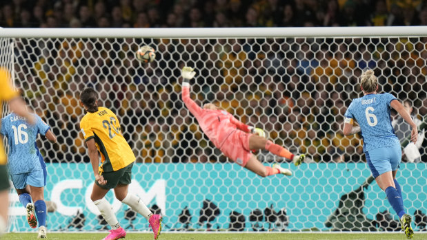 Australia’s Sam Kerr scores her side’s opening goal during the Women’s World Cup semi-final against England at Stadium Australia in Sydney.