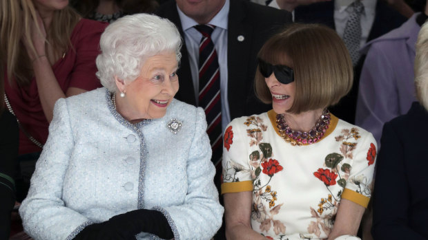 The Queen and Anna Wintour at London Fashion Week in February. 