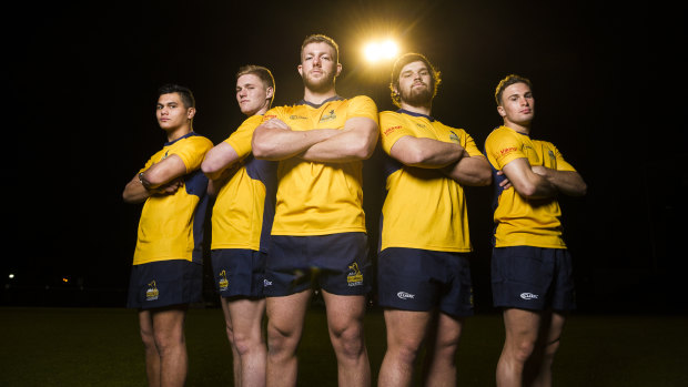 ACT Brumbies academy players, from left, Noah Lolesio, Seamus Smith, Angus Allen, Angus Wagner and William Goddard. 