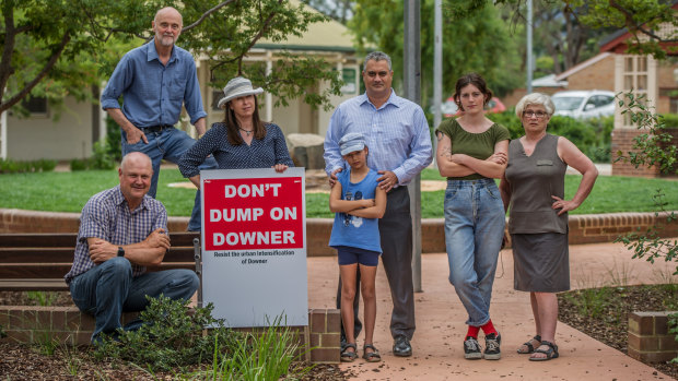 Downer residents Miles Boak, Steve Dyer,  Suzanne Pitson, Geoff and Kate Francis, Jessica Wade and Sue Dyer are concerned about a new ACT planning strategy which proposes to increase housing density in the suburb