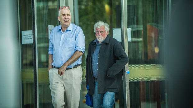 Jack Waterford and Terry O'Donnell, the first lawyer to represent David Eastman, leave the Supreme Court on Thursday.