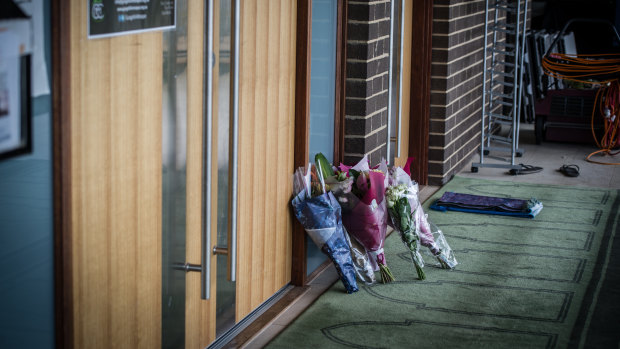 Bunches of flowers left in sympathy after the New Zealand shootings at the door of the Gungahlin mosque.