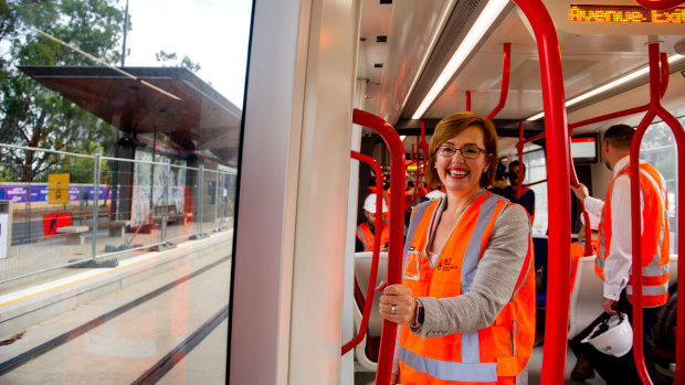 Minister for Transport Meegan Fitzharris for her first ride on Canberra's light rail.