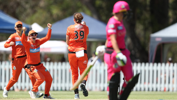 Natalie Sciver and the Scorchers celebrate the first-ball wicket of dangerous Sixers opener Alyssa Healy.