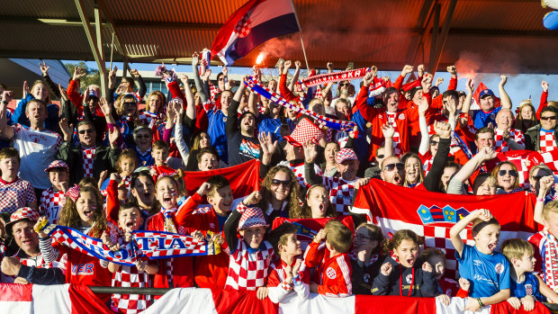 Hundreds of Croatian fans gather at Deakin Stadium ahead of their side's World Cup final clash with France.