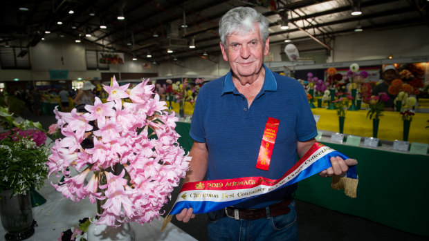 David Ross of Cook with his award winning belladonna lilies at the Royal Canberra Show.