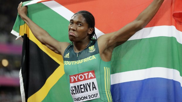 Semenya celebrates winning the gold at the  2017 World Athletics Championships.