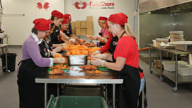 Volunteers preparing food in the FareShare kitchen in Morningside.