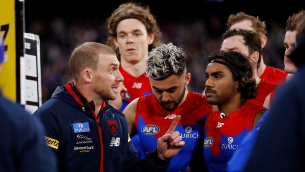 Melbourne coach Simon Goodwin addresses his players during the Queen’s Birthday clash with Collingwood.