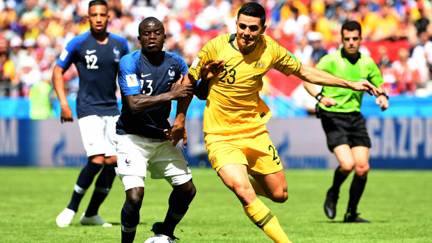Canberra export Tom Rogic working hard in the Socceroos World Cup opener against France. 