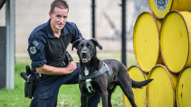 The "1-in-a-1000" federal police sniffer dog Chase, and his handler, leading senior constable Simon Aldridge.