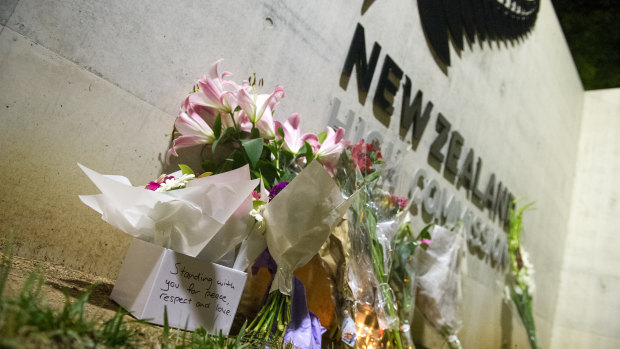 Flowers left at the New Zealand High Commission in Canberra after the terrorist attack in Christchurch on Friday. 