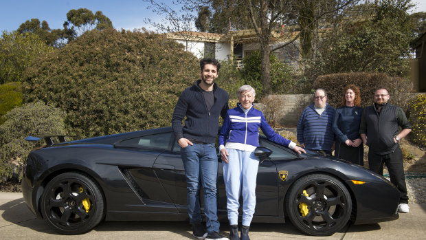 The people who made Emily Hurt's dream come true: Lamborghini  owner Martin Tanti, Emily's son Eric, her friend Julie Rattenbury and Kyle Willmington from Ki Advertising.