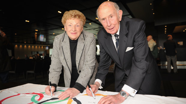 Marjorie Jackson-Nelson and John Landy at the memorial service for former Australian Olympic athlete, Ron Clarke in 2015.