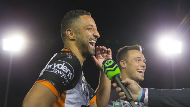 Spotlight: Benji Marshall and Luke Brooks are interviewed after the Tigers' emphatic win.