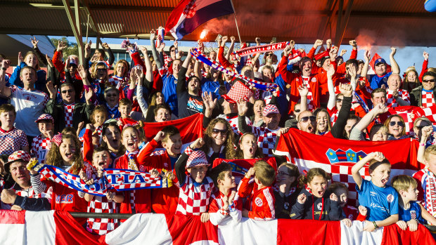 Hundreds of Croatian fans gather at Deakin Stadium ahead of their side's World Cup final clash with France.