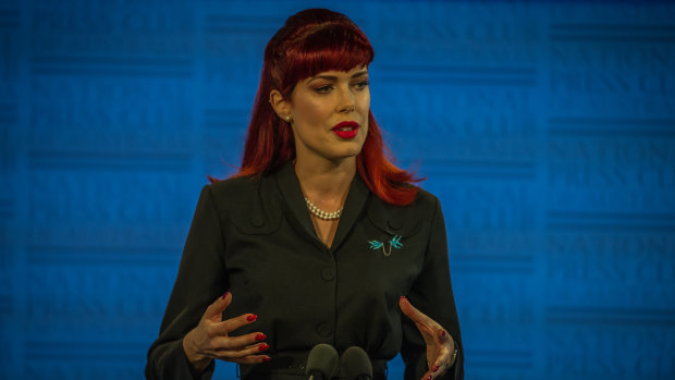 Tara Moss speaks on cyber bullying at the National Press Club.