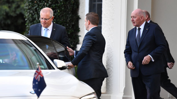 Prime Minister Scott Morrison leaves Government House on Thursday morning. 