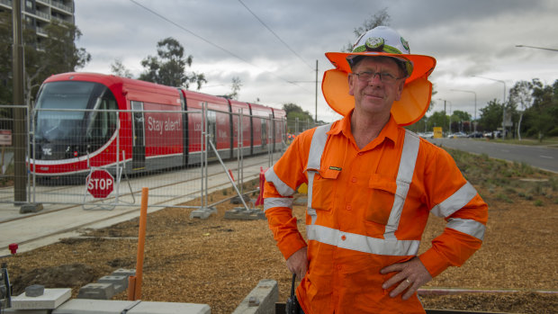 Canberra Metro protection officer Graham Doneley preparing for light rail testing in November.