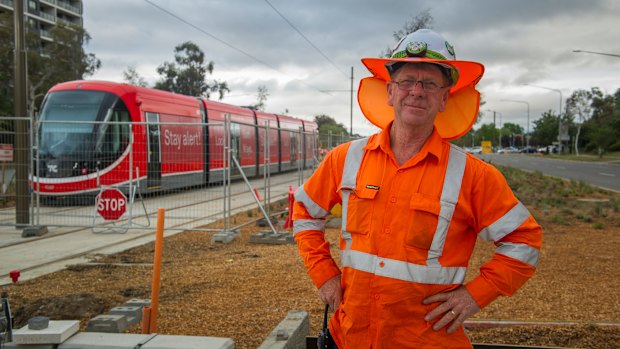 Canberra Metro protection officer Graham Doneley preparing for light rail testing in November.