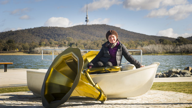 Hanna Hoyne with her new sculpture at West Basin, Crying Dinghy, part of her Cosmic Recharge series. 