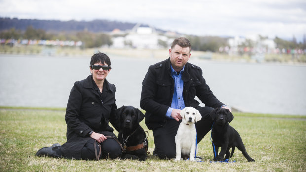 Guide dog handler Jo Weir with Wiley and CEO of Guide Dogs NSW/ACT Dale Cleaver with future guide dogs Spark and Storm.