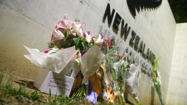 Flowers left at the New Zealand High Commission in Canberra after the terrorist attack in Christchurch on Friday. 