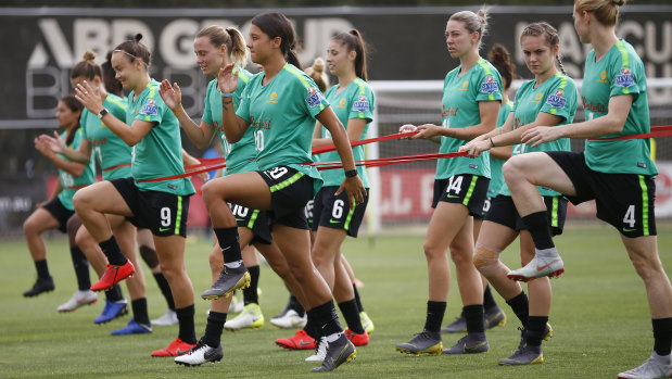 Pulling together: The Matildas are taking their training to new heights ahead of their friendly clash with the USA. 