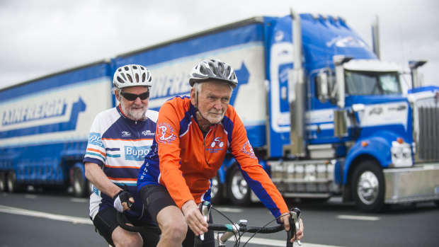 Fitability tandem cyclists Peter Granleese and Glenn Cocking on the Barton Highway.