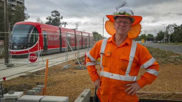 Canberra Metro protection officer, Graham Doneley preparing for the upcoming light rail testing.