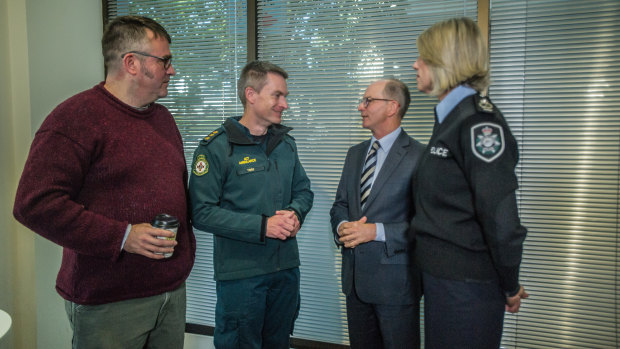 STA SAFE representative Dr David Caldicott, ACT Ambulance officer Toby Keene, ACT Chief Health Officer Dr Paul Kelly and Chief Police Officer for the ACT Assistant Commissioner Justine Saunders.