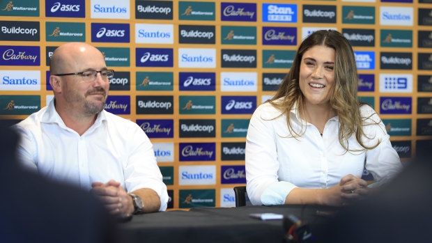 Newly appointed Wallaroos captain Piper Duck speaks to the media with head coach  Jay Tregonning.