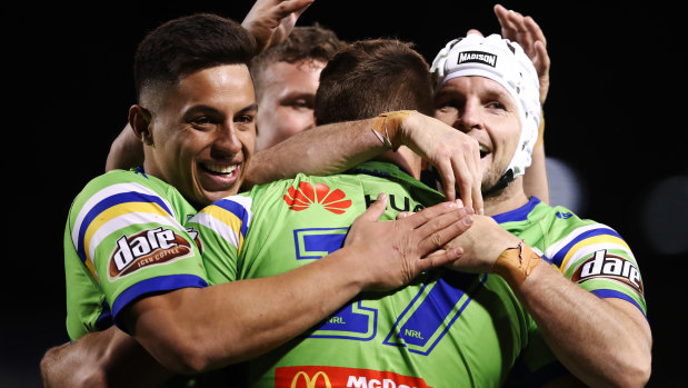 Raiders prop Liam Knight celebrates his first NRL try.