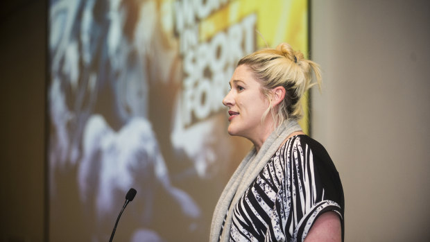 Lauren Jackson speaking at the Driving Gender Equity conference she helped organise in Canberra.