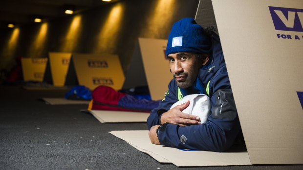 Canberra Raiders player Sia Soliola will be sleeping rough tonight at the National Museum of Australia for the Vinnies CEO sleepout.
