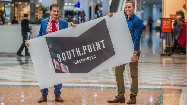 Centre manager Jeremy Wilson and marketing manager Adam Gill with the new South.Port sign at the former Hyperdome. 