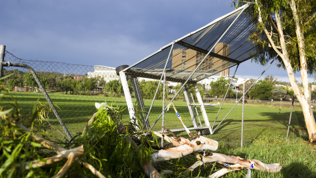 A sight screen on Phillip Enclosed oval flipped over and was damaged by the storm. 