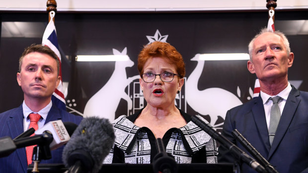 That was her mistake ... One Nation leader Pauline Hanson chose to stand alongside James Ashby, left, and Steve Dickson on Thursday.