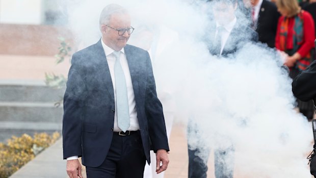 Prime Minister Anthony Albanese at a smoking ceremony ahead of the opening of the 48th Parliament, at the forecourt of Parliament House in Canberra.