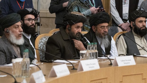 Taliban co-founder Mullah Abdul Ghani Baradar, center, with other members of the Taliban delegation attend an international peace conference in Moscow, Russia in March.